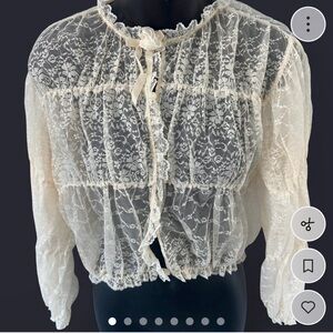 Vintage Stan Herman Babydoll style Sheer Lace Tie-Front‎ Blouse - Cream